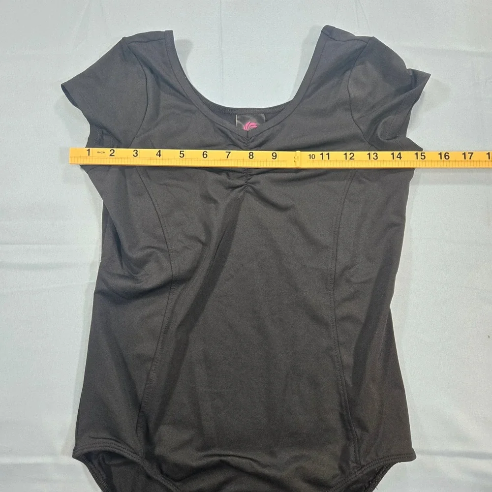 Rainbeau Moves Girls Black Short Sleeve Pinch Front Dance Leotard XL RB6827G